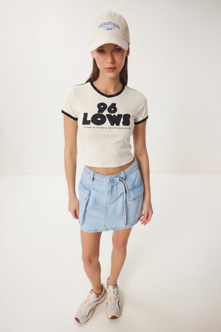 Kontrast Baskılı Pamuklu T-shirt BEYAZ LACİVERT LUB0346