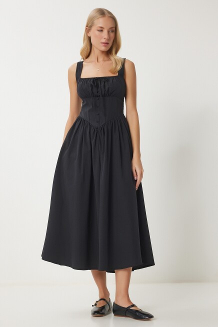 Korse Görünümlü Poplin Midi Elbise SİYAH LUB0224
