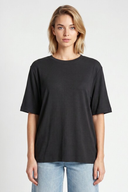Oversize Basic Fitilli Modal T-shirt ANTRASİT LUB0361
