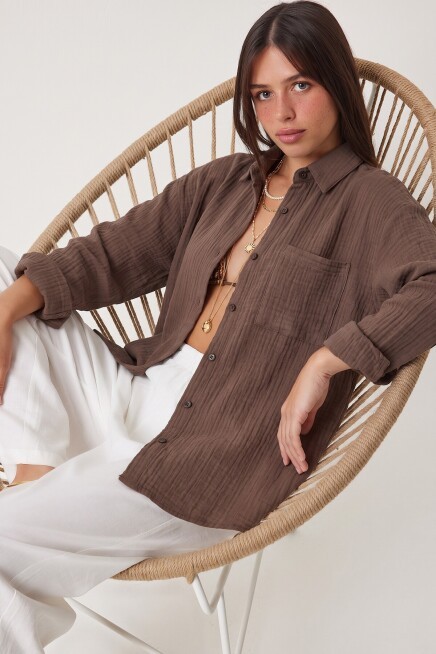 Oversize Basic Müslin Gömlek VİZON LMX0002