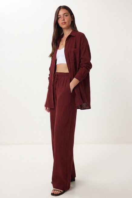 Oversize Müslin Gömlek Pantolon Takım BORDO LSA0014