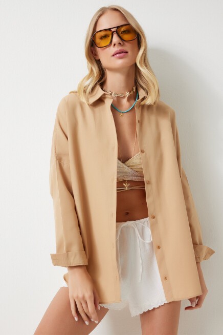 Oversize Uzun Basic Gömlek CAMEL LMX0106