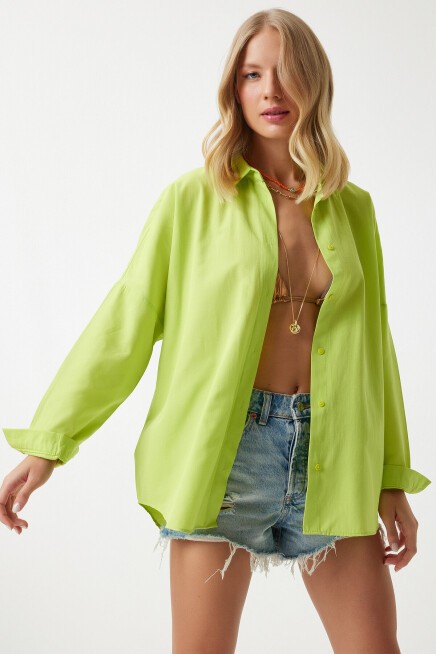 Oversize Uzun Basic Gömlek FISTIK YEŞİLİ LMX0106