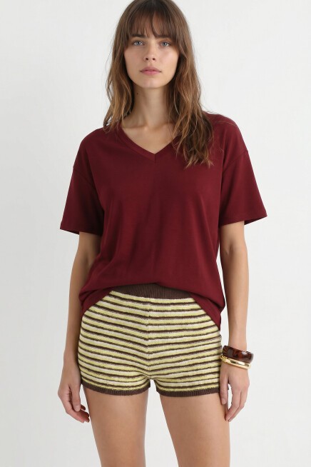 V Yaka Oversize Basic Örme T-shirt BORDO LZV0072