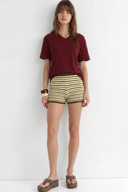 V Yaka Oversize Basic Örme T-shirt BORDO LZV0072