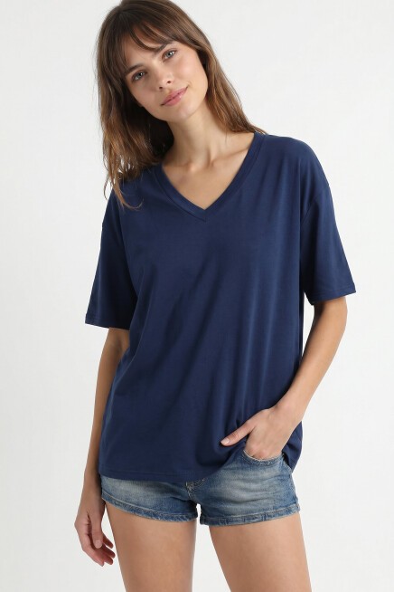 V Yaka Oversize Basic Örme T-shirt LACİVERT LZV0072