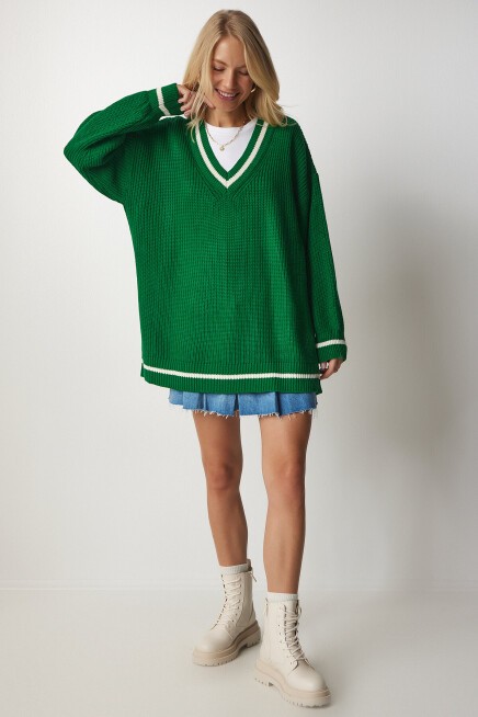 V Yaka Oversize Uzun Triko Kazak YEŞİL LBP0004