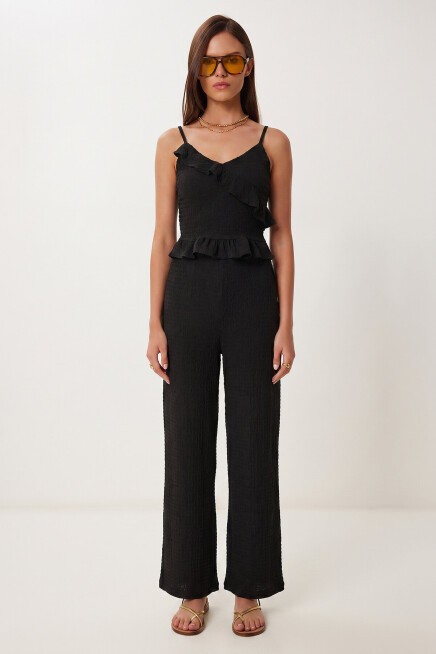 Volanlı Bluz Pantolon Krinkıl Takım SİYAH LFW0025