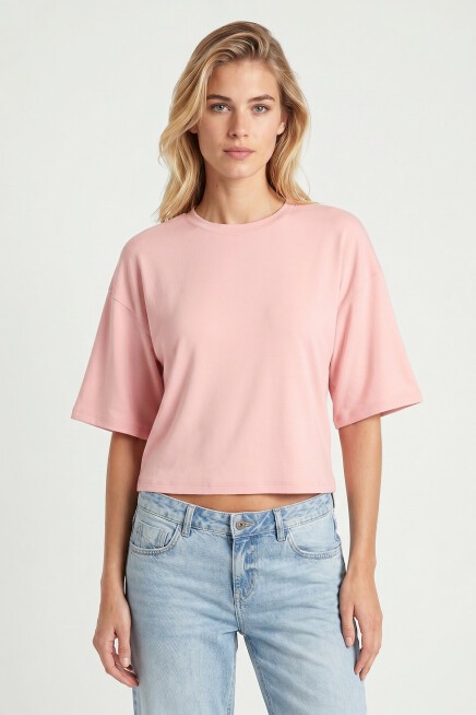 Yarasa Kollu Basic Modal T-shirt ŞEKER PEMBE LUB0357