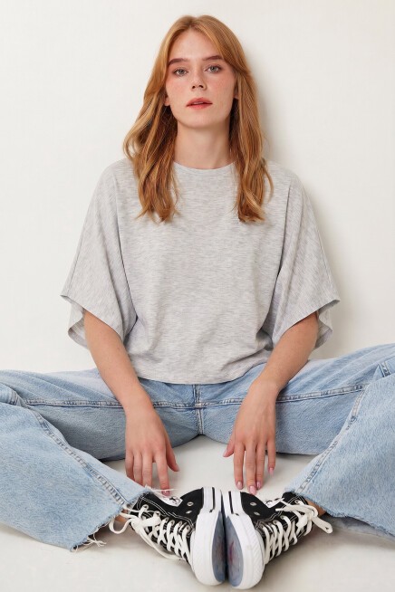 Yarasa Kollu Basic Örme Bluz GRİ MELANJ LUB0369