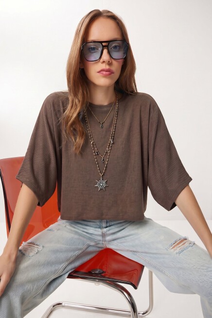 Yarasa Kollu Basic Örme Bluz VİZON LUB0369