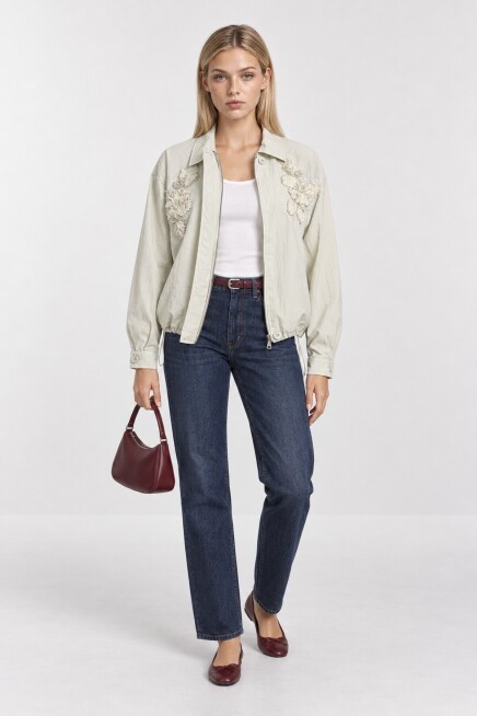 Boncuk İşlemeli Bomber Paraşüt Ceket AÇIK YEŞİL LBY0076
