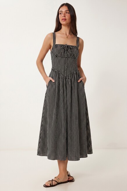 Çizgili Korse Görünümlü Poplin Midi Elbise SİYAH LUB0374