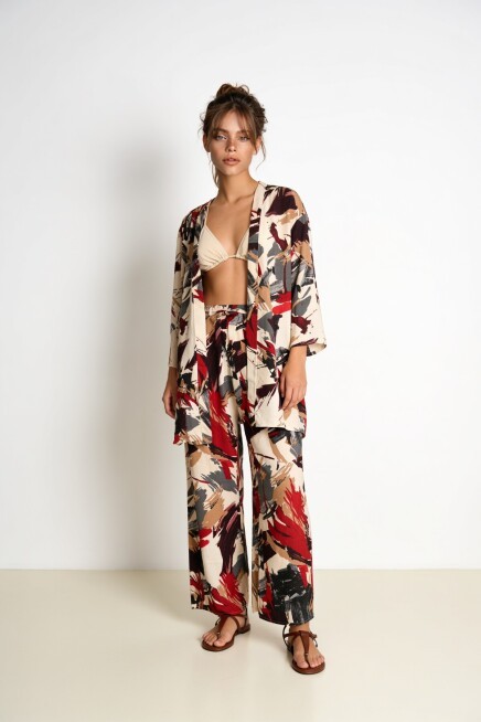Desenli Yazlık Viskon Kimono Pantolon Takım ANTRASİT KIRMIZI LRN0013