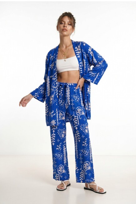 Desenli Yazlık Viskon Kimono Pantolon Takım KOYU MAVİ EKRU LRN0013