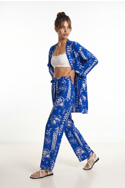 Desenli Yazlık Viskon Kimono Pantolon Takım KOYU MAVİ EKRU LRN0013
