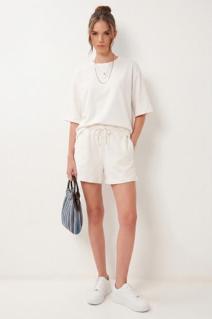 Modal Oversize T-shirt Şort Takım EKRU LUB0379