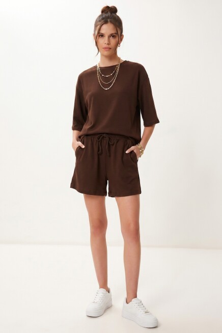 Modal Oversize T-shirt Şort Takım KAHVERENGİ LUB0379