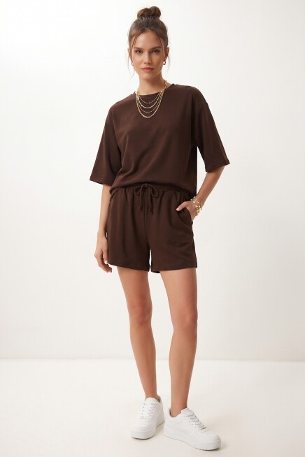 Modal Oversize T-shirt Şort Takım KAHVERENGİ LUB0379