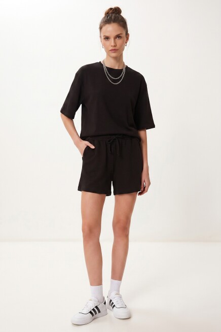 Modal Oversize T-shirt Şort Takım SİYAH LUB0379