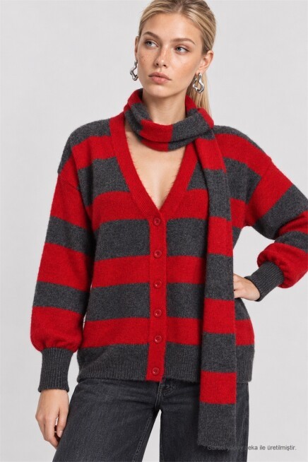 Atkılı Çizgili Oversize Triko Hırka ANTRASİT KIRMIZI LYY0155