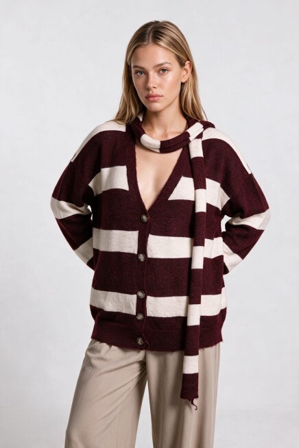 Atkılı Simli Çizgili Oversize Triko Hırka BORDO KEMİK LYY0155