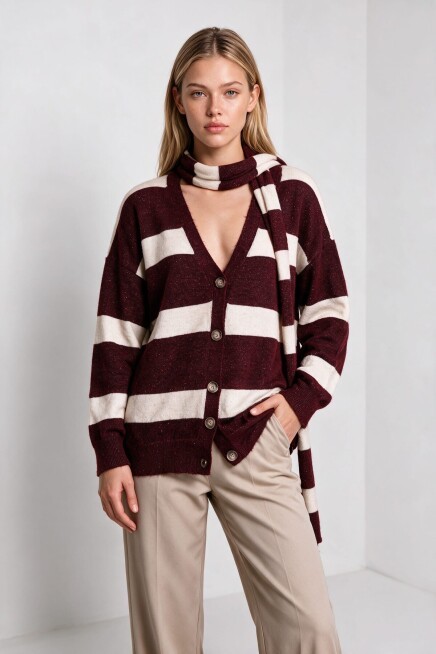 Atkılı Simli Çizgili Oversize Triko Hırka BORDO KEMİK LYY0155