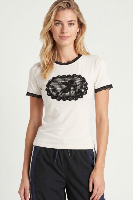 Baskılı Dantel Detaylı Örme T-shirt EKRU LUB0353