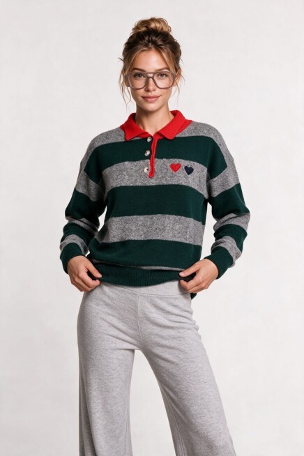 Çizgili Nakış İşlemeli Oversize Triko Kazak 4313 YEŞİL GRİ LKİ0060