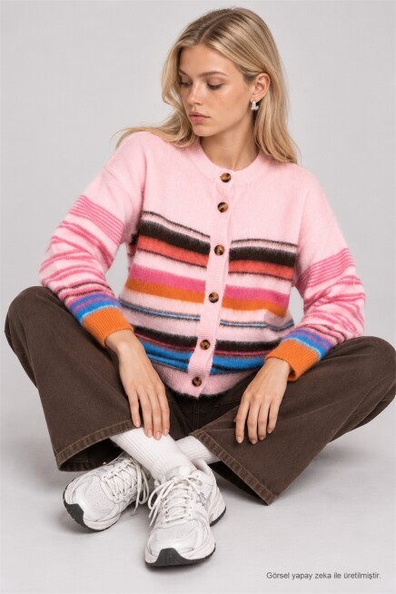 Çizgili Oversize Triko Hırka PEMBE LYY0156