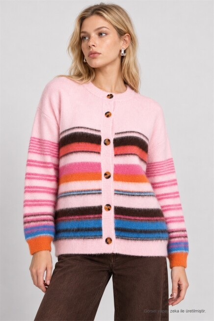 Çizgili Oversize Triko Hırka PEMBE LYY0156