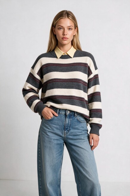 Çizgili Oversize Triko Kazak 4302 ANTRASİT KEMİK LKİ0076