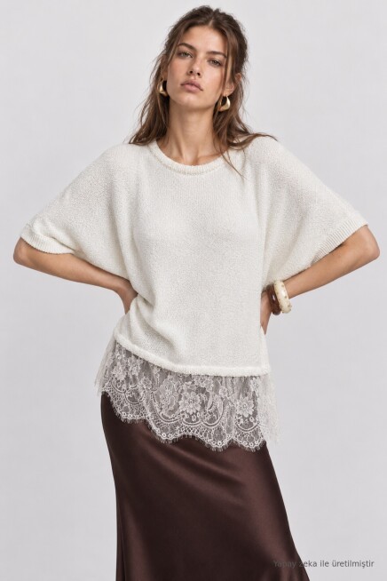 Dantelli Mevsimlik Oversize Triko Bluz 4421 EKRU LKİ0074