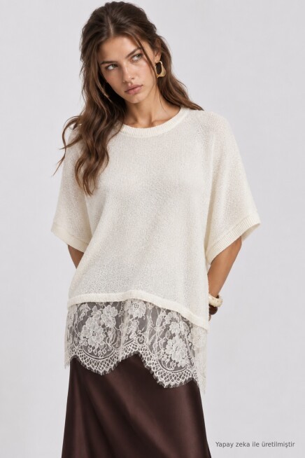 Dantelli Mevsimlik Oversize Triko Bluz 4421 EKRU LKİ0074