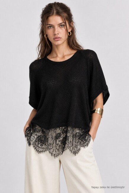 Dantelli Mevsimlik Oversize Triko Bluz 4421 SİYAH LKİ0074