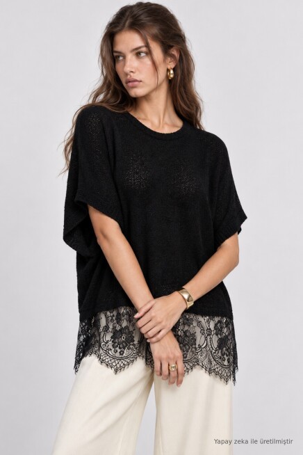 Dantelli Mevsimlik Oversize Triko Bluz 4421 SİYAH LKİ0074
