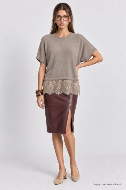 Dantelli Mevsimlik Oversize Triko Bluz 4421 TAŞ LKİ0074