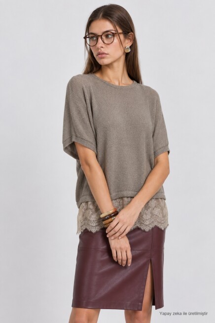 Dantelli Mevsimlik Oversize Triko Bluz 4421 TAŞ LKİ0074