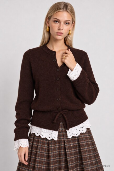 Fisto İşlemeli Bağlamalı Triko Hırka KAHVERENGİ LAS0012