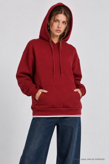 Kapüşonlu Oversize Şardonlu Örme Sweatshirt BORDO LEN0042