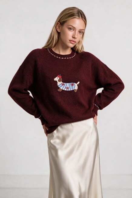 Nakış İşlemeli Oversize Triko Kazak BORDO LYY0150