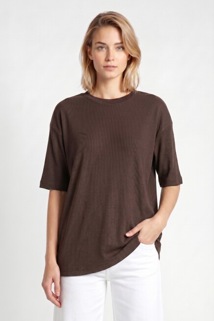 Oversize Basic Fitilli Modal T-shirt ACI KAHVE LUB0361