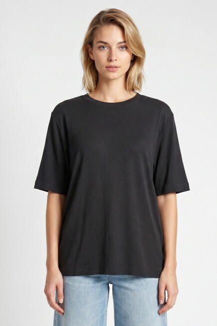 Oversize Basic Fitilli Modal T-shirt ANTRASİT LUB0361