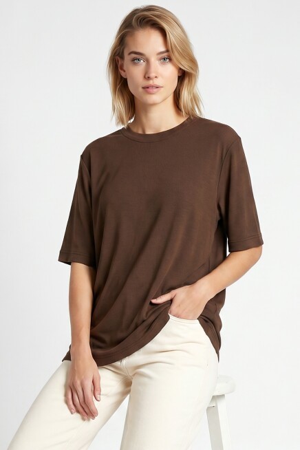 Oversize Basic Fitilli Modal T-shirt KAHVERENGİ LUB0361