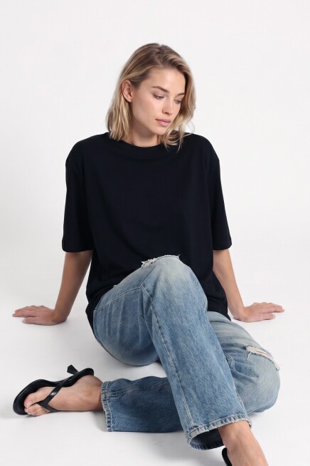 Oversize Basic Fitilli Modal T-shirt SİYAH LUB0361