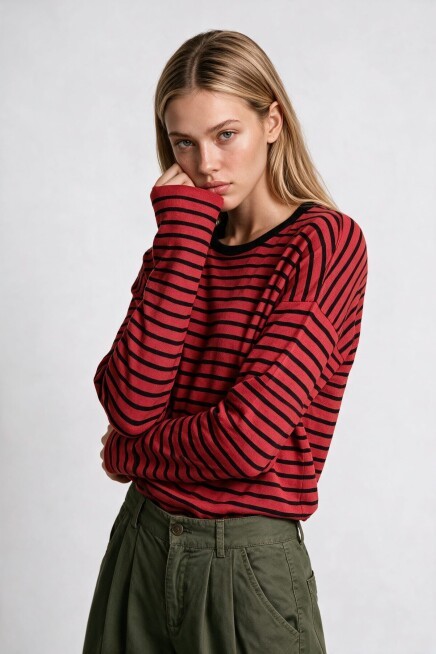 Oversize Çizgili Mevsimlik Kazak 4446 KIRMIZI SİYAH LKİ0077