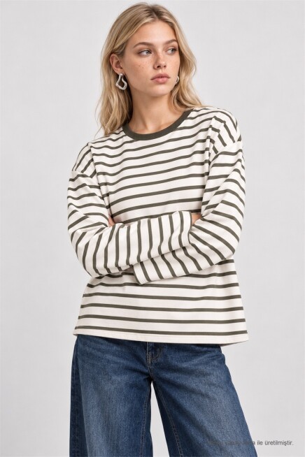 Oversize Çizgili Örme Sweatshirt HAKİ EKRU LRN0079