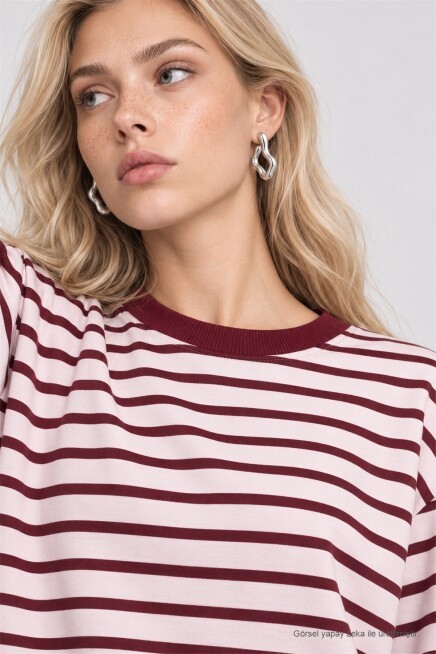 Oversize Çizgili Örme Sweatshirt MÜRDÜM EKRU LRN0079