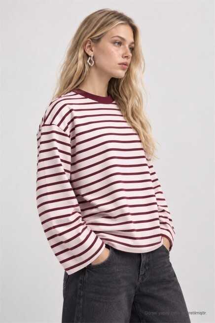 Oversize Çizgili Örme Sweatshirt MÜRDÜM EKRU LRN0079