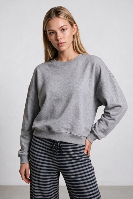 Oversize Şardonlu Basic Sweatshirt GRİ MELANJ LRN0082